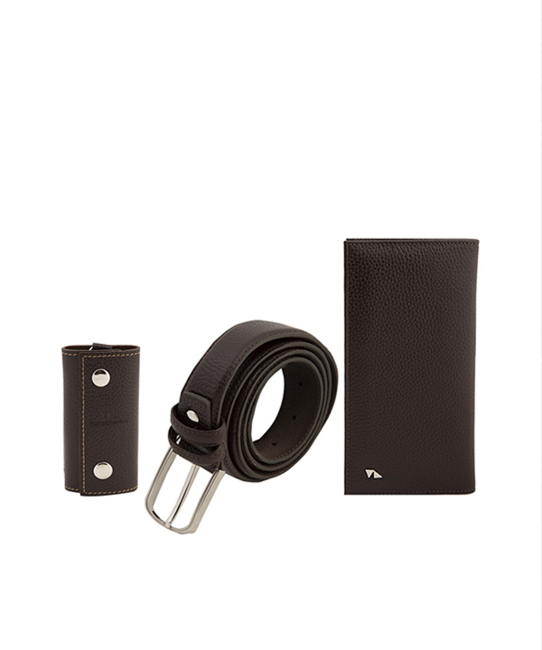 ست چرمی کیف پول، جاکلیدی و کمربند چرم مشهد Mashhad Leather کد U0011 - قهوه ای