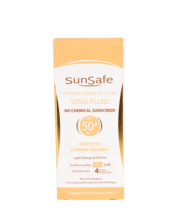 فلوئید ضد آفتاب فاقد جاذبه های شیمیایی spf  50 سان سیف Sun Safe 50 گرم