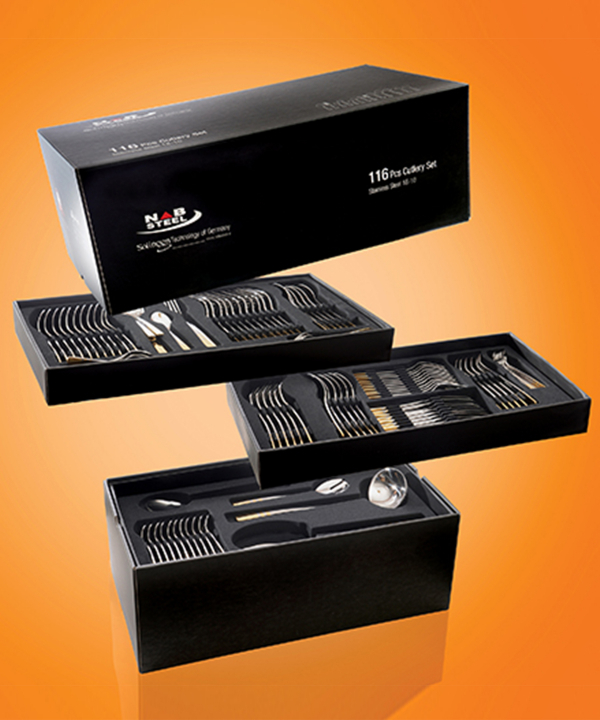 سرویس قاشق و چنگال ??? پارچه فلورانس طلایی PVD جعبه کادویی ناب استیل Nabsteel کد 8812