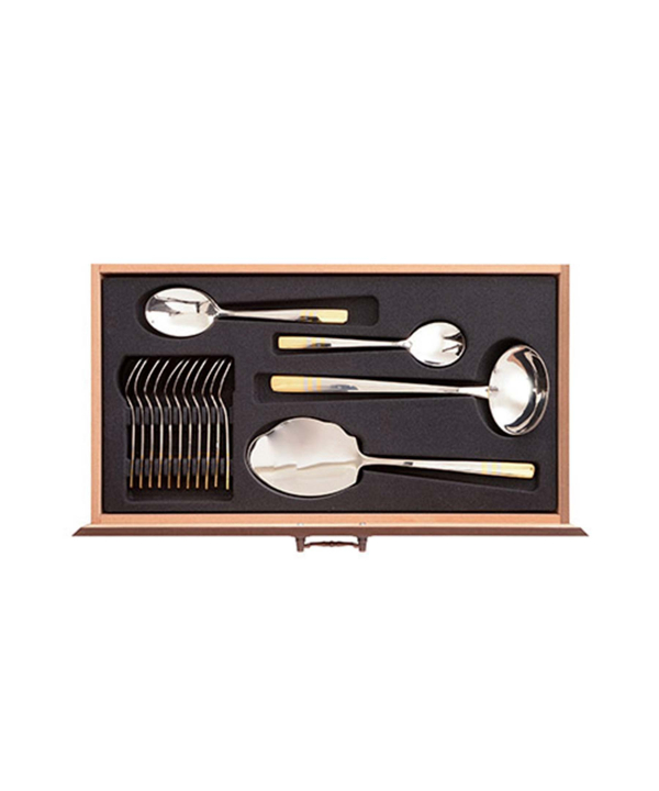 سرویس قاشق و چنگال ??? پارچه ورونا براق جعبه چوبی گردویی ناب استیل Nabsteel کد 2412