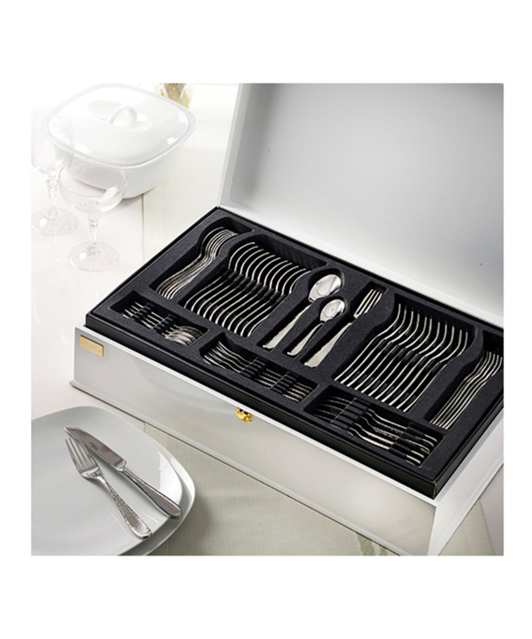سرویس قاشق و چنگال 86 پارچه فلورانس دورطلایی جعبه چوبی سفید ناب استیل Nabsteel کد 8812