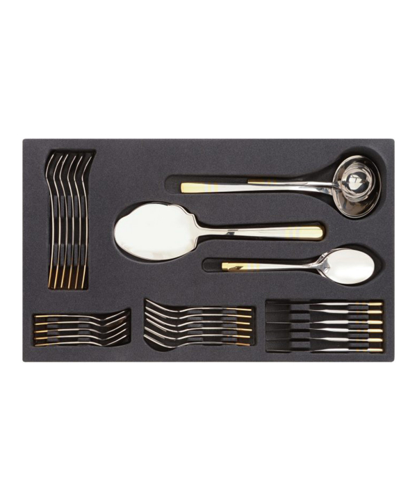 سرویس قاشق و چنگال 86 پارچه فلورانس دورطلایی جعبه چوبی سفید ناب استیل Nabsteel کد 8812