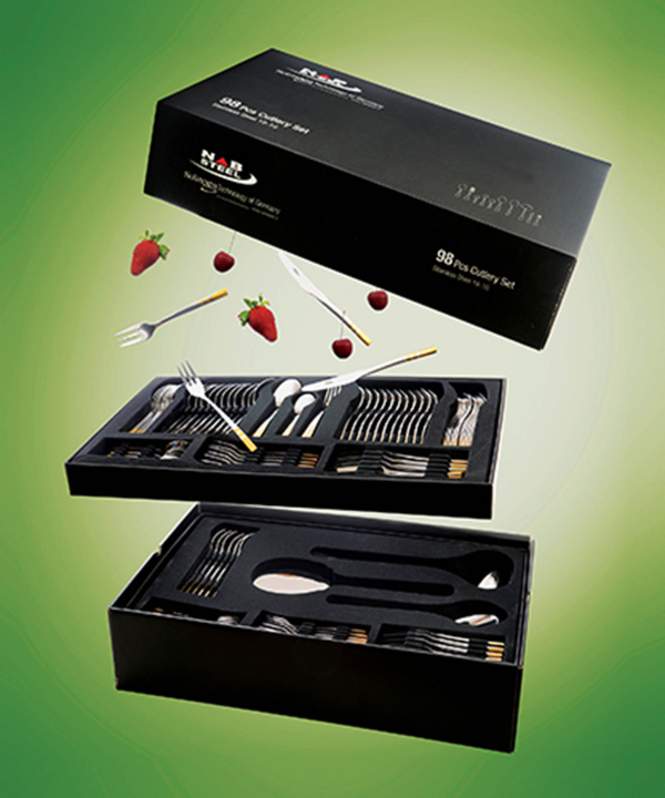 سرویس قاشق و چنگال 98 پارچه فلورانس دورطلایی جعبه کادویی ناب استیل Nabsteel کد 8812