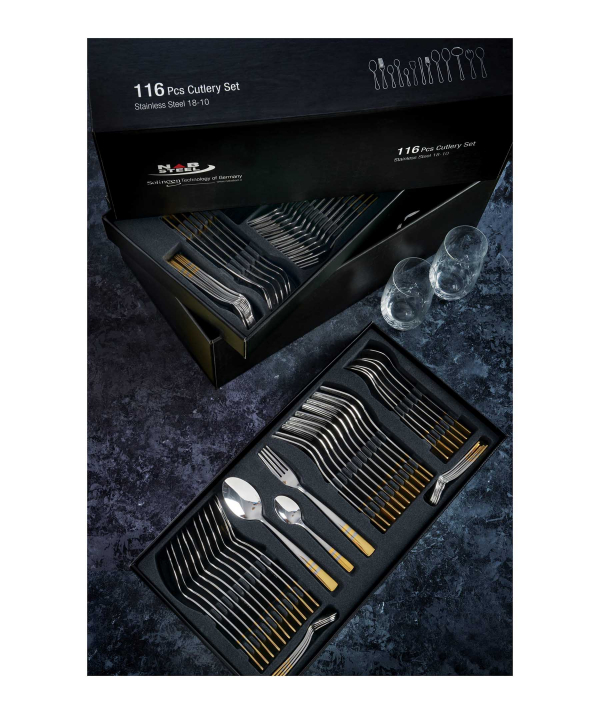 سرویس قاشق و چنگال 116 پارچه فلورانس دورطلایی جعبه کادویی ناب استیل Nabsteel کد 8812