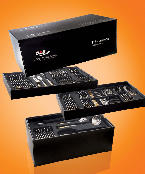 سرویس قاشق و چنگال 116 پارچه فلورانس دورطلایی جعبه کادویی ناب استیل Nabsteel کد 8812