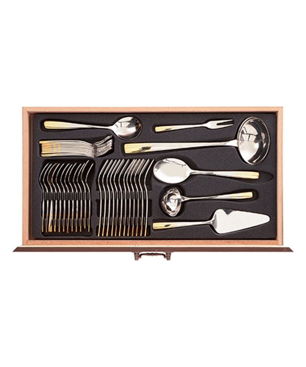 سرویس قاشق و چنگال 136 پارچه فلورانس دورطلایی جعبه چوبی پایه‌دار ناب استیل Nabsteel کد 8812