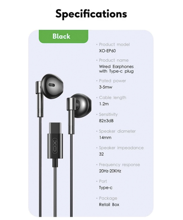 هندزفری سیمی تایپ سی ایکس او XO wired earphones EP60 Type-C