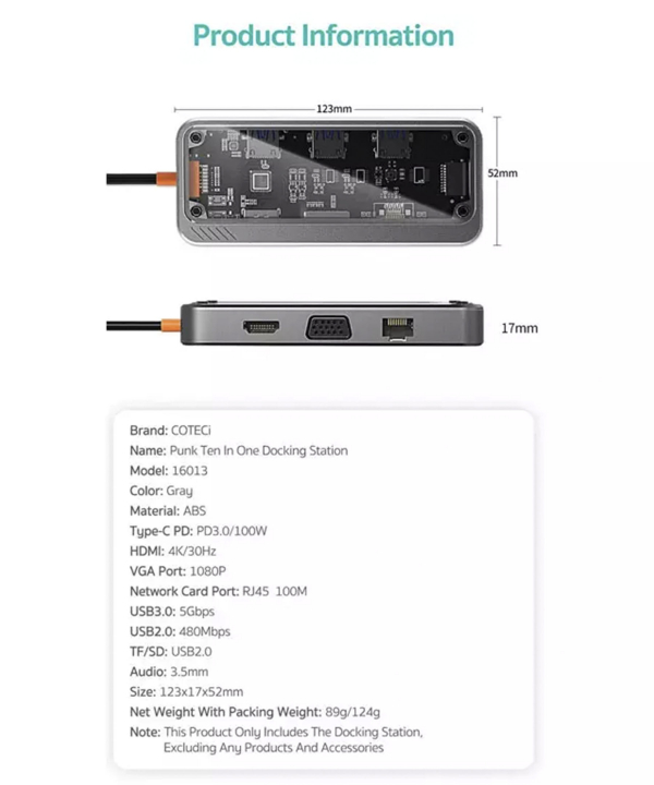 هاب 10 پورت تایپ سی کوتسی Coteci 10 in1 Multifunctional Docking Station 16013