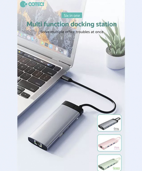 هاب تایپ سی 6 پورت کوتسی Coteeci 6in1 USB-C HUB Multiport Adapter 16007