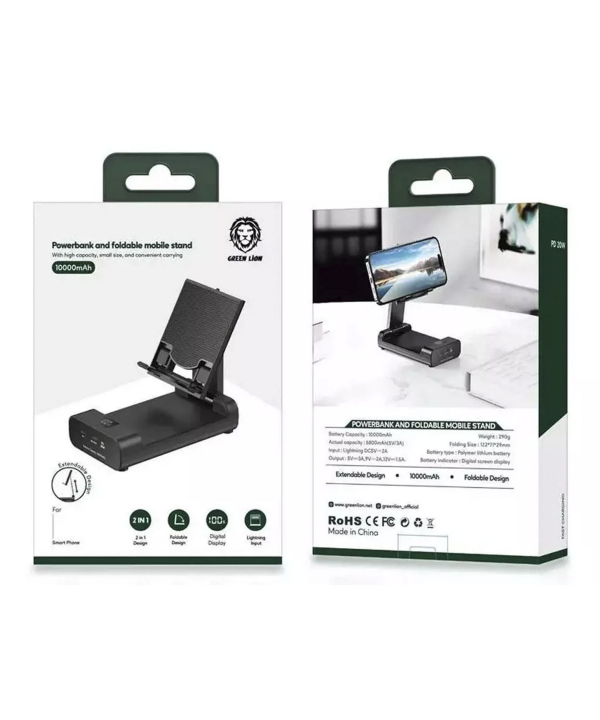 پاوربانک تایپ سی 20 وات 10000 و هولدر موبایل رومیزی گرین Green Lion 10000mAh Power Bank and Foldable Mobile Stand GNFLDPBSTBK