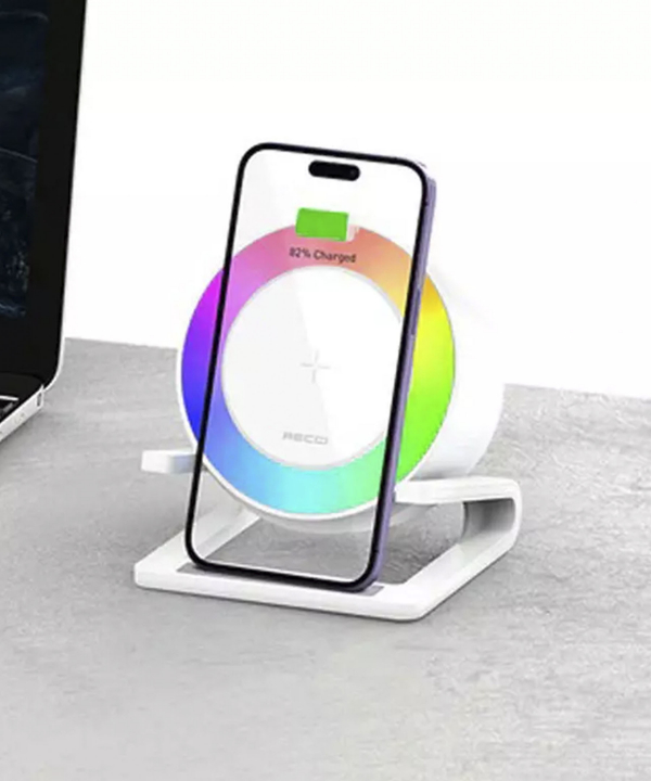 شارژر بی سیم 15 واتی و اسپیکر بلوتوثی رومیزی 4کاره رسی RECCI RSK-W28 15W Wireless Charger with Speaker