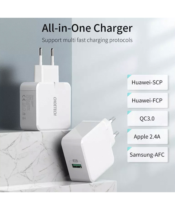 شارژر دیواری فست یو اس بی 22.5 وات چویتک CHOETECH Q5001 5A Fast Charger 22.5W USB A