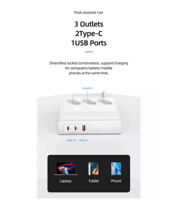 چند راهی برق سه سوکت، دو یو اس بی و یک تایپ سی 65 وات یوسامز USAMS US-CC160 P1 65W Super Si Fast Charging electric power