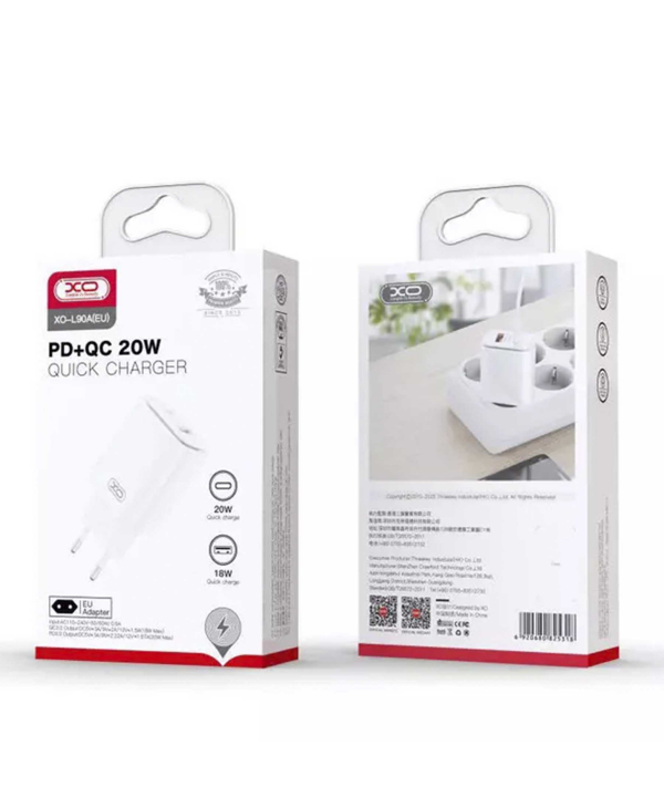شارژر دیواری فست تایپ سی و یو اس بی 20 وات ایکس او XO L90A PD20W+QC18W Fast Charger