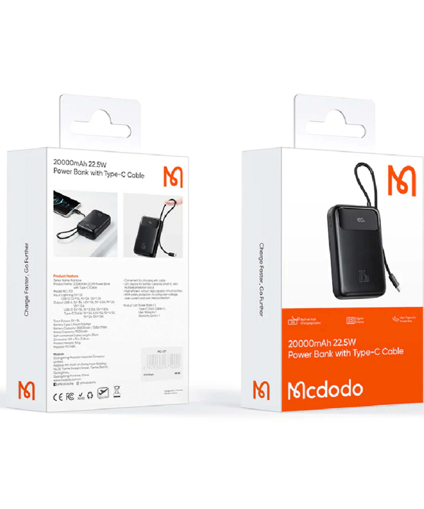 پاور بانک تایپ سی و یو اس بی 22.5 وات 20000 همراه با کابل تایپ سی مک دودو Mcdodo MC-372 Power Bank 20000mAh 22.5W