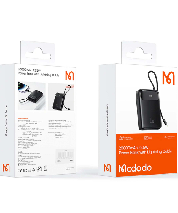 پاور بانک تایپ سی و یو اس بی 22.5 وات 20000 همراه با کابل لایتنینگ مک دودو Mcdodo MC-371 Power Bank 20000mAh 22.5W