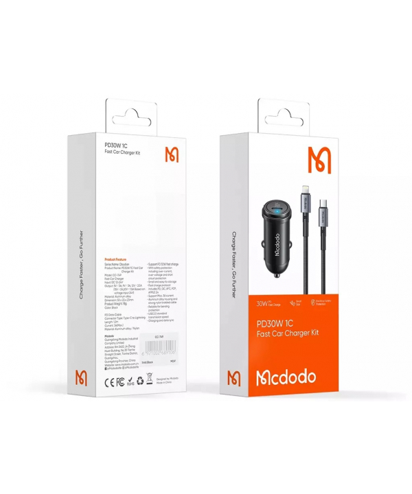 شارژر فندکی تایپ سی 30 وات همراه با کابل لایتنینگ مک دودو Mcdodo CC-7492 PD30W USB-C Fast Car Charger