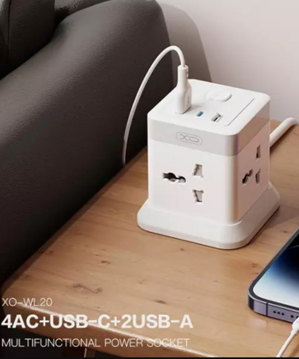 چندراهی برق 4 سوکت, سه یو اس بی و یک تایپ سی دو متری ایکس او Network Extender XO WL20 20W Square Socket 4AC +USB-A+1USB-C PD/QC