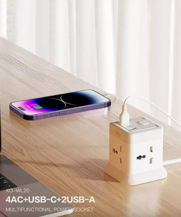 چندراهی برق 4 سوکت, سه یو اس بی و یک تایپ سی دو متری ایکس او Network Extender XO WL20 20W Square Socket 4AC +USB-A+1USB-C PD/QC