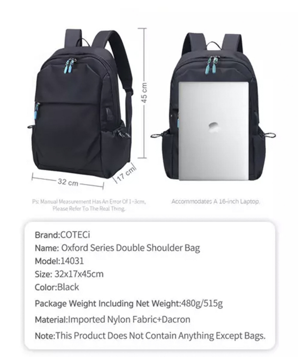 کوله پشتی لپ تاپ 16 اینچ ضدآب دارای درگاه یو اس بی و پورت هدفون کوتتسی Coteetci Double Shoulder bag 14031-BK