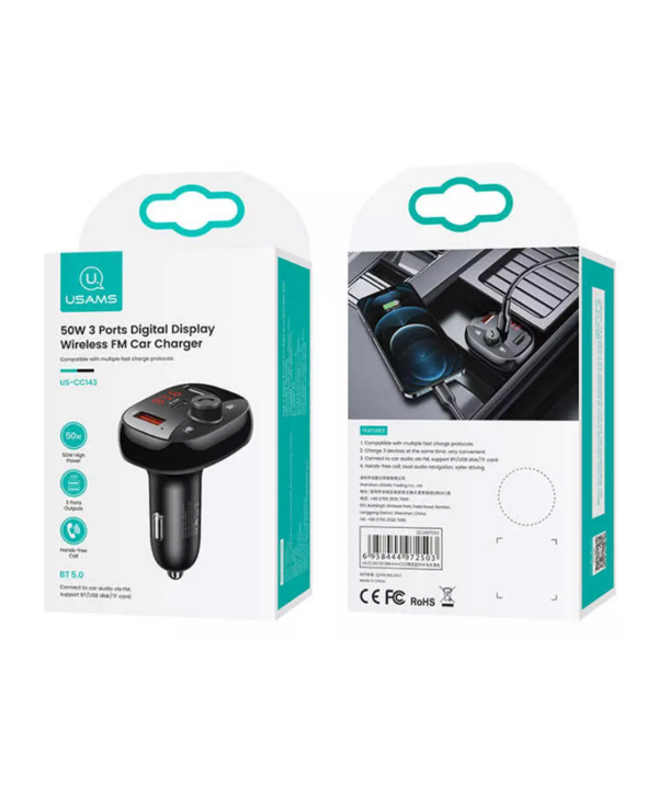 شارژر فندکی فست شارژ ماشین تایپ سی 50 وات و اف ام پلیر یوسامز US-CC143
