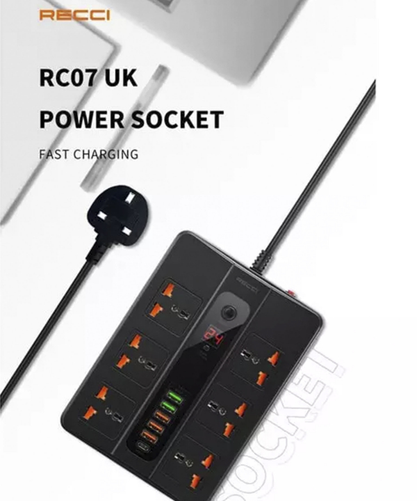چندراهی برق تایمردار 6 سوکت و 6 پورت رسی Recci RC07 2500W Power Socket