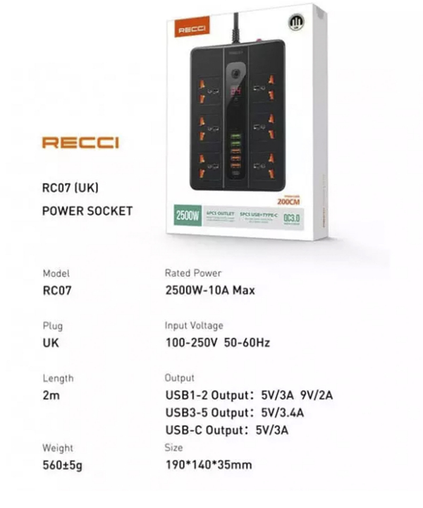 چندراهی برق تایمردار 6 سوکت و 6 پورت رسی Recci RC07 2500W Power Socket