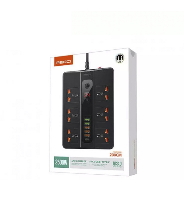 چندراهی برق تایمردار 6 سوکت و 6 پورت رسی Recci RC07 2500W Power Socket