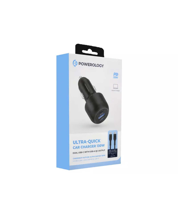شارژر فندکی 130 وات همراه با کابل دو سر تایپ سی 90 سانتی متری پاورولوژی Powerology Ultra Quick Car Charger PCCSR007-C