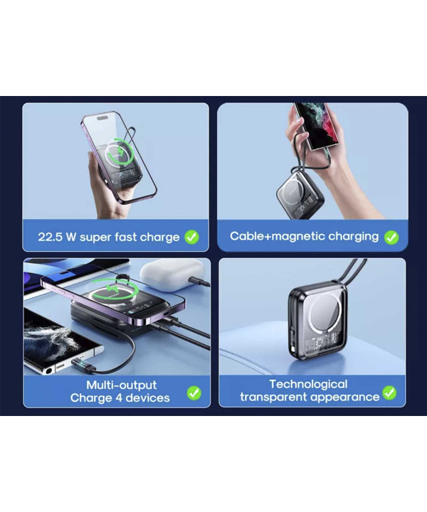 پاوربانک 10000 و شارژر بی سیم آهنربایی جویروم با کابل همراه لایتنینگ JOYROOM JR-L007 Magnetic Wireless Power Bank 22.5W