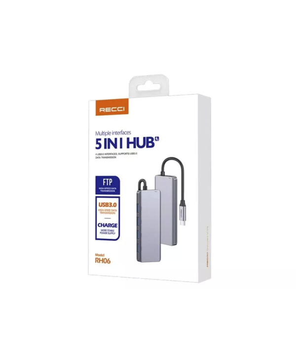 هاب 5 در 1 تایپ‌ سی رسی Recci RH06 5-in-1 Type-C to 4×USB 3.0 and microUSB Hub