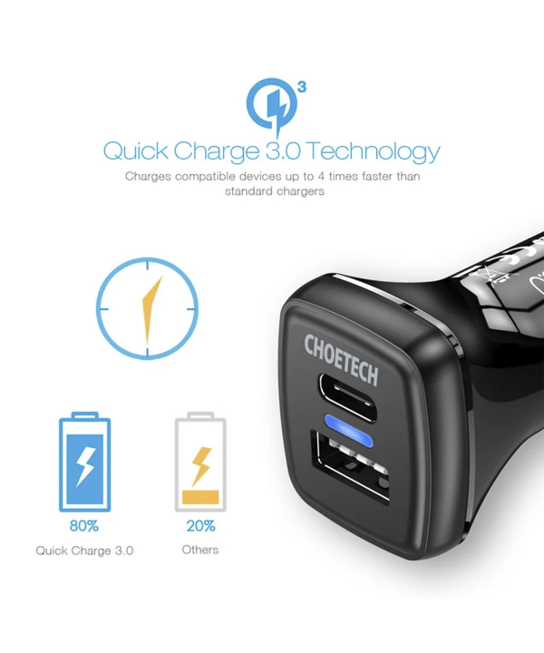 شارژر فندکی شارژ سریع QC3.0 + PD18W چویتک Choetech مدل TC0005