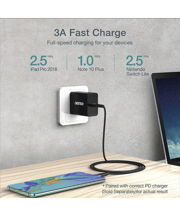 کابل پاوردلیوری 60 وات 3 آمپر 1.2 متر USB C به USB C چویتک Choetech مدل XCC_1003