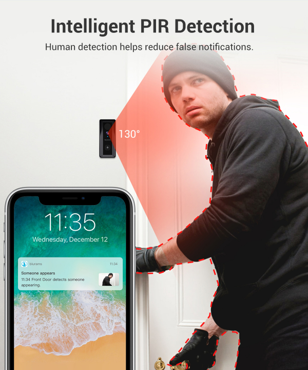 زنگ ویدیویی هوشمند بی‌سیم 2K بلورمز Blurams مدل Doorbell D10C
