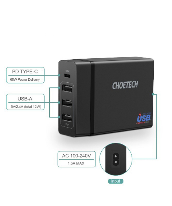 آداپتور 72وات 4پورت چویتک Choetech مدل PD72W-1C3U