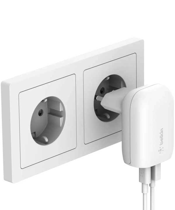 شارژر دیواری شارژ سریع دو پورت 37 وات بلکین مدل WCB007vfWH تبدیل لایتنینگ به USB-A بلکین مدل C