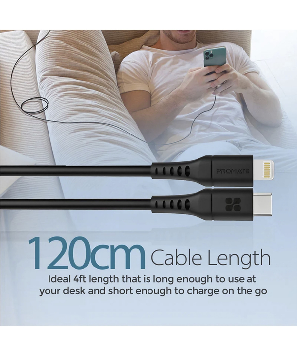 کابل USB-C به لایتنینگ شارژ سریع پرومیت مدل POWERLINK-120.BLACK به طول 1.2 متر