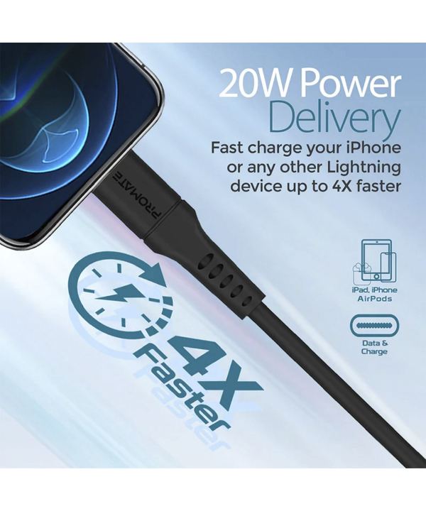 کابل USB-C به لایتنینگ شارژ سریع پرومیت مدل POWERLINK-120.BLACK به طول 1.2 متر