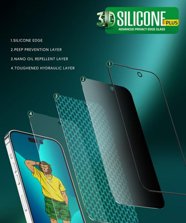 گلس حریم شخصی آیفون 14 گرین Green iPhone 14 3D Silicone+ Privacy Glass
