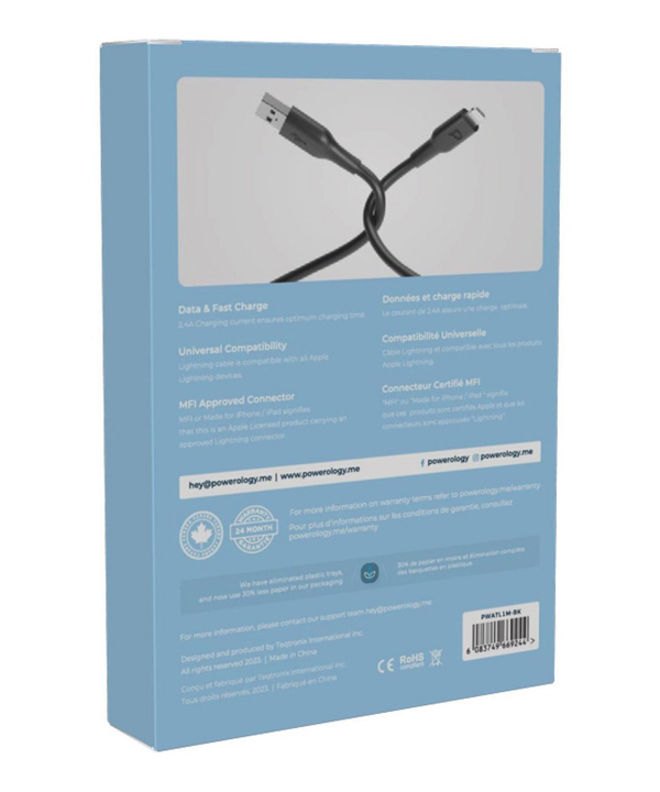 کابل شارژ یو اس بی به لایتنینگ فست 2.4 آمپر 1.2 متری پاورولوژی PWATL1M
