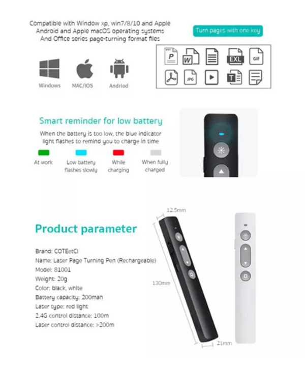 پوینتر و پرزنتر لیزری کوتتسی COTEetCI smart laser page turning pen USB charging port 81001