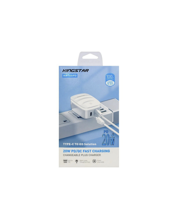 شارژر دیواری 20 وات کینگ استار مدل KW193i PD به همراه کابل لایتنینگ به USB-C