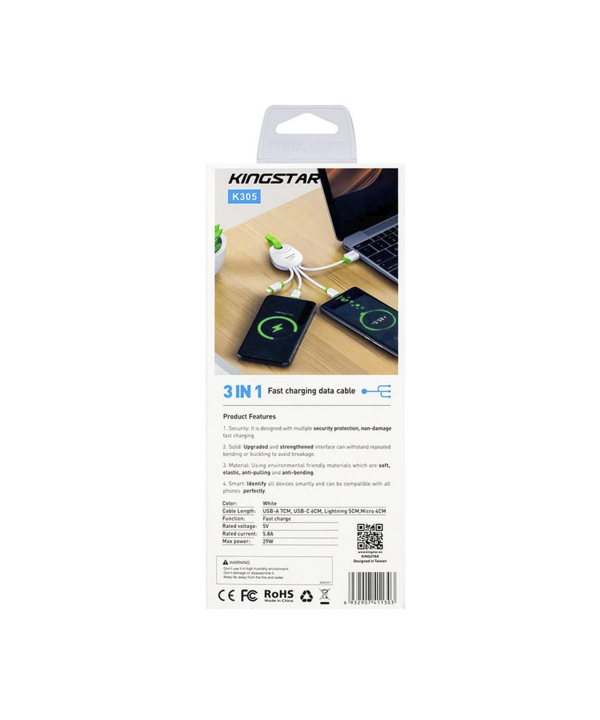 کابل تبدیل USB به USB-C/MicroUSB/لایتنینگ کینگ استار مدل K305