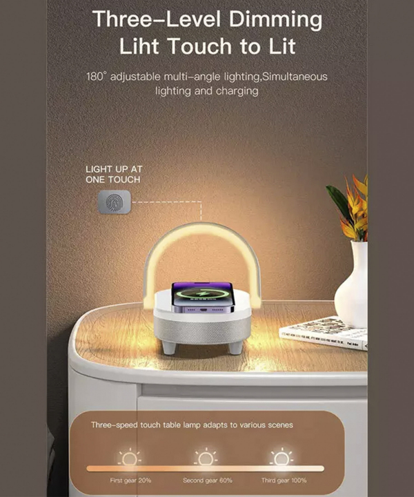 اسپیکر بلوتوث و شارژر وایرلس قابل حمل 4 در 1 دارای چراغ رسی Recci