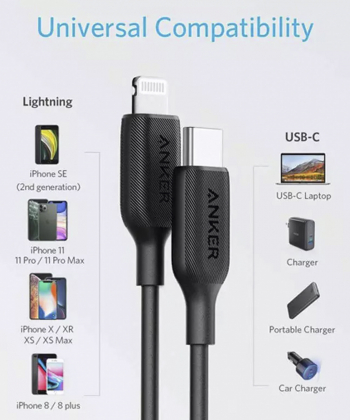 کابل شارژ سریع تایپ سی به لایتنینگ 18 وات 180 سانتی متری انکر Anker PowerLine III USB-C to Lightning 2.0 Cable A8833H11
