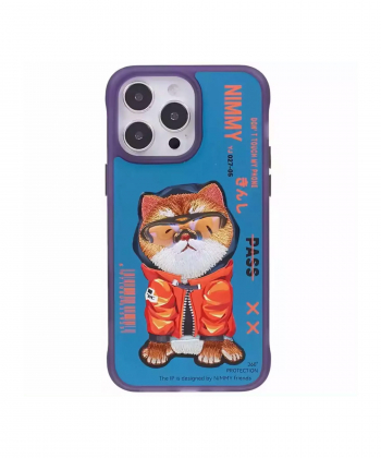 قاب محافظ گوشی آیفون 15 پرومکس طرح گربه با عینک و خز واقعی نیمی YJ027-05