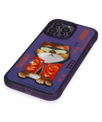 قاب محافظ گوشی آیفون 15 پرومکس طرح گربه با عینک و خز واقعی نیمی YJ027-05