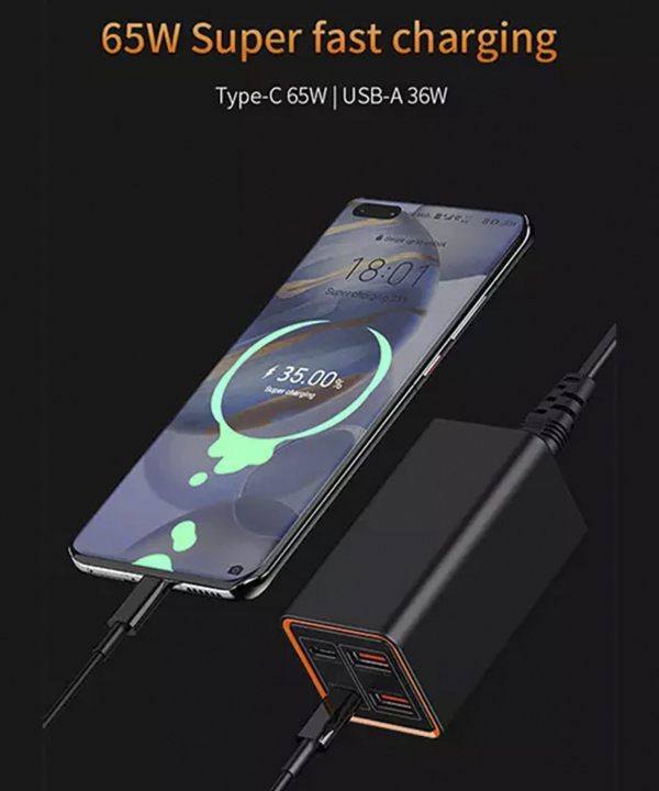پاور هاب سوپر فست شارژ 2 پورت تایپ سی و 2 پورت یو اس بی 65 وات رسی Recci RC37 65W GaN Desktop Charger