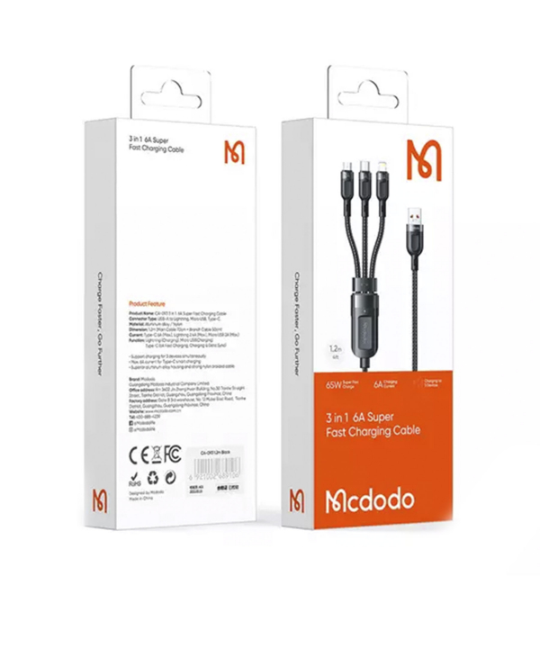کابل فست‌ شارژ مک دودو Mcdodo CA-0930 Lightning+Micro+Type-C 3-in-1 Fast Charging Data Cable