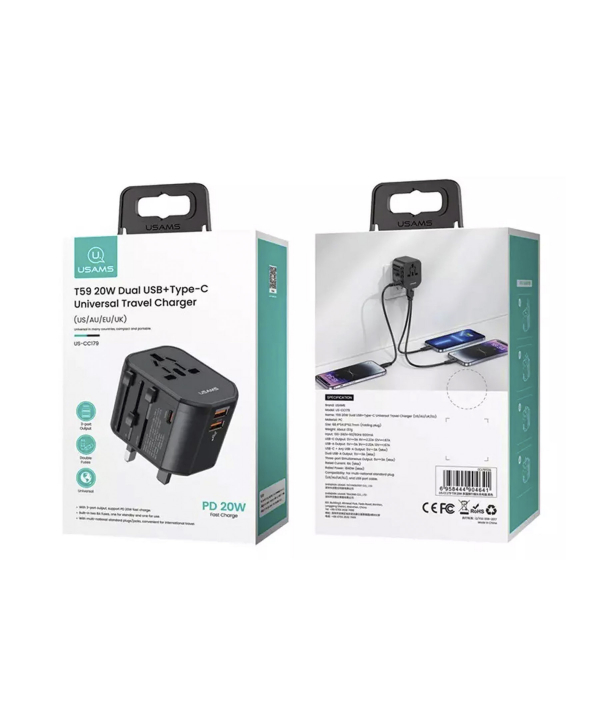 شارژر مسافرتی یوسامز USAMS US-CC179 T59 20W USB+Type-C Universal Travel Charger 20W